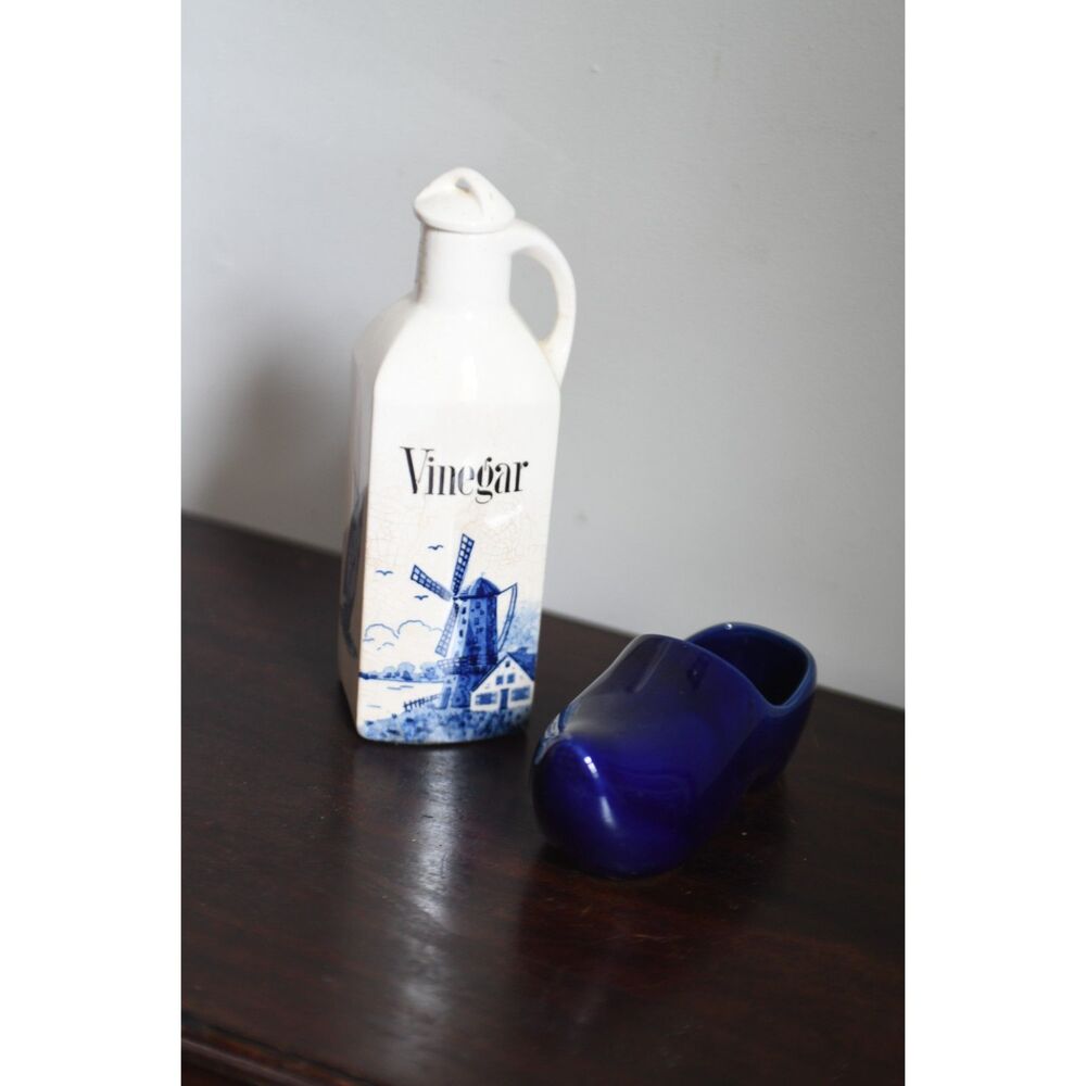 Lot Vtg Delft Like Blue White Windmill Vinegar Cruet and Dutch Clog Succulent